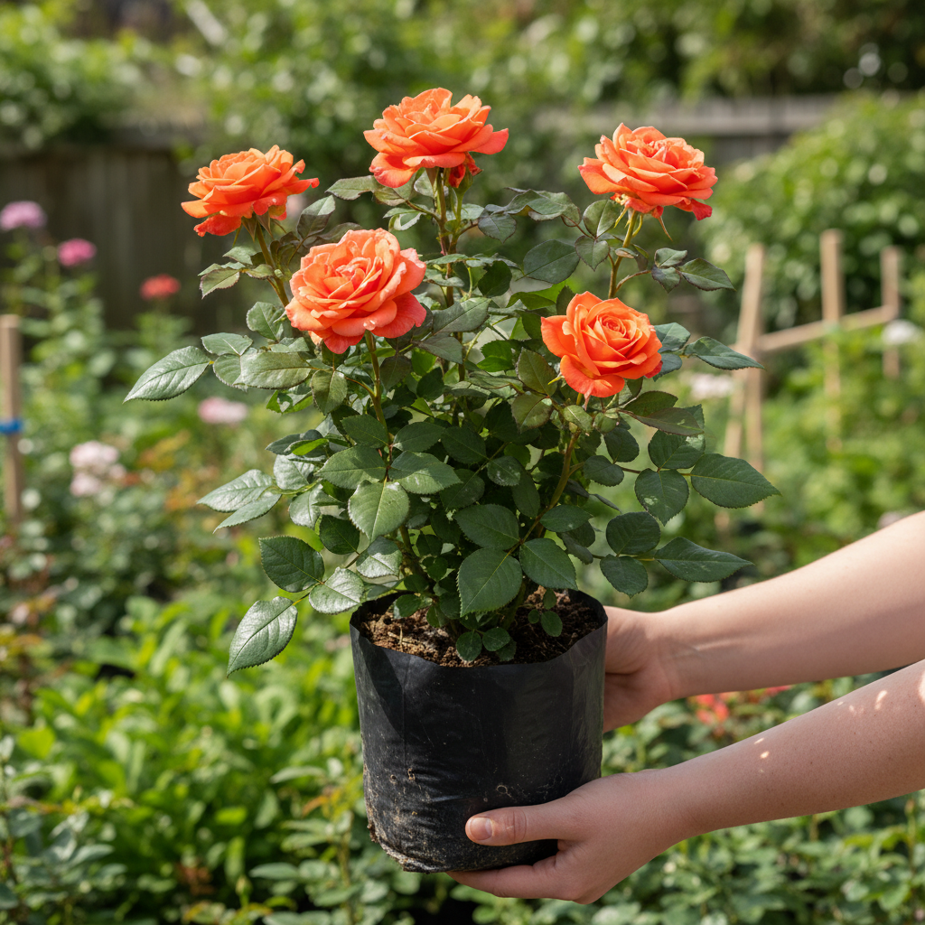 Orange rose plant in planting bag held in hands – AI generated