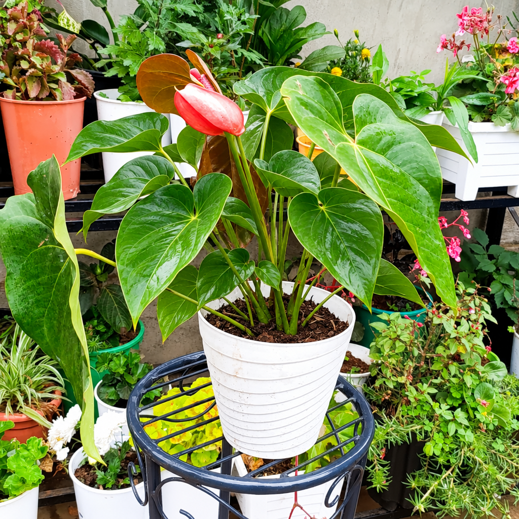 Illustrative: lush anthurium on stand