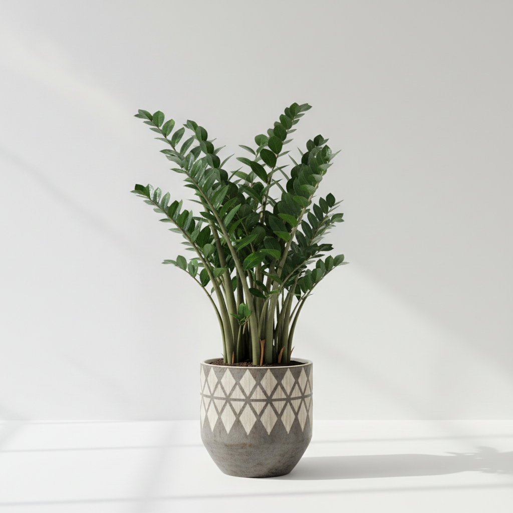 Mature ZZ Plant with glossy dark green leaves in decorative pot