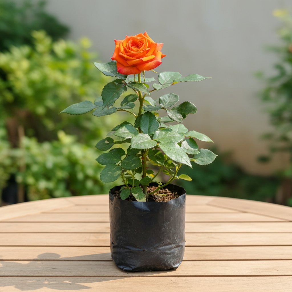 Orange rose in planting bag – garden table