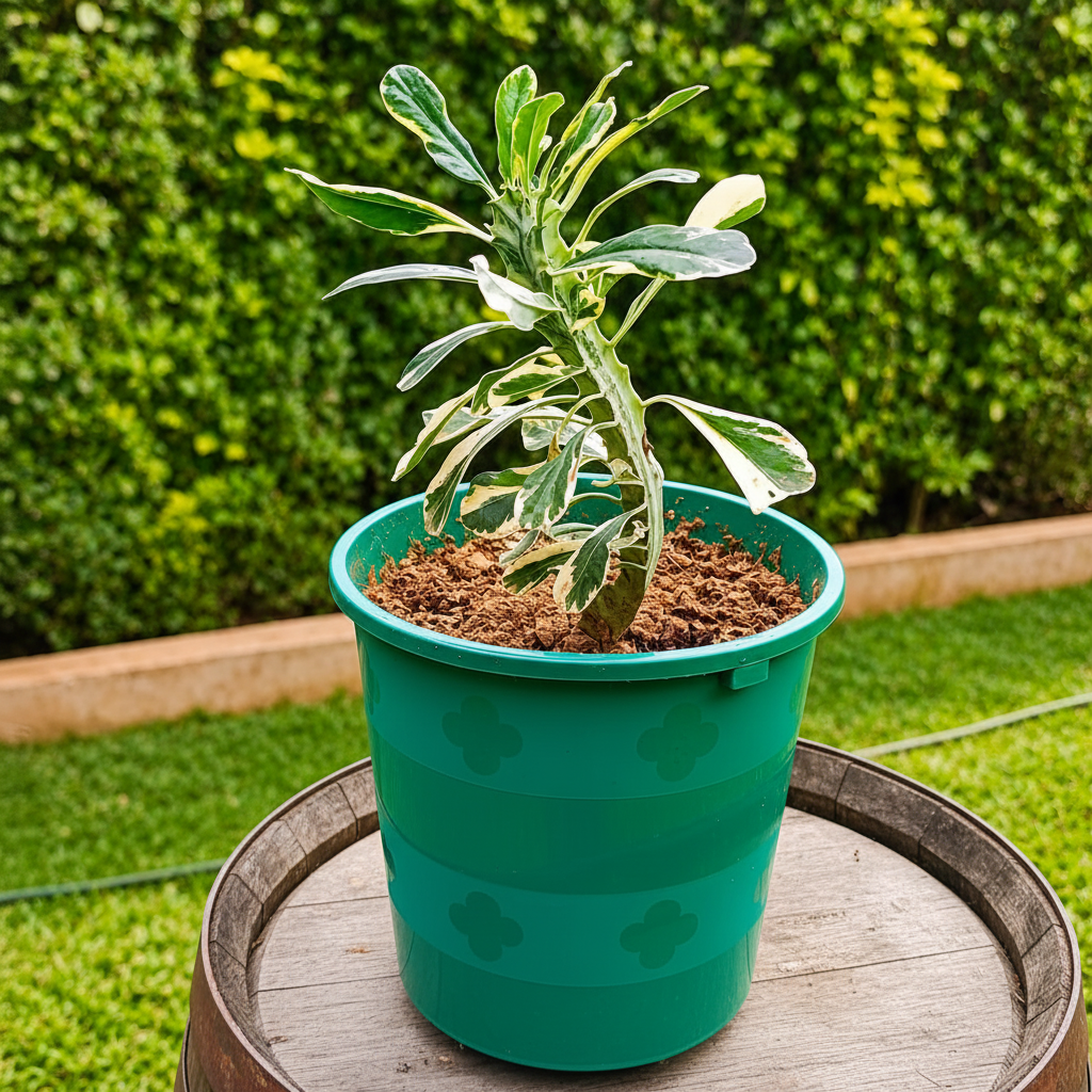 Variegated Euphorbia neriifolia in teal pot on stand